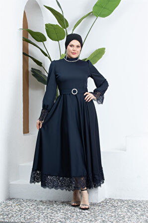 Kolları Dantelli Taşlı Lacivert Tesettür Abiye Elbise