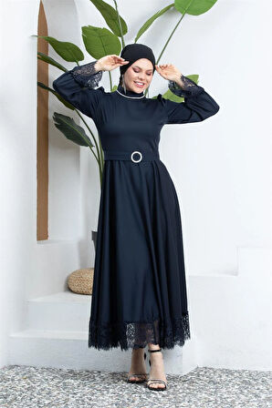 Kolları Dantelli Taşlı Lacivert Tesettür Abiye Elbise