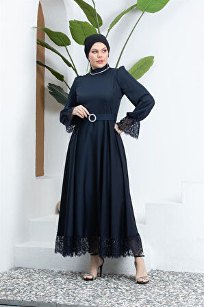 Kolları Dantelli Taşlı Lacivert Tesettür Abiye Elbise