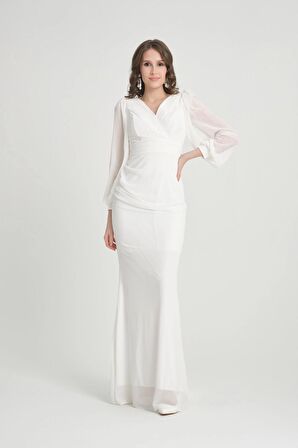 Beyaz Kruvaze Yaka Abiye Elbise