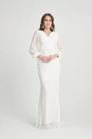 Beyaz Kruvaze Yaka Abiye Elbise