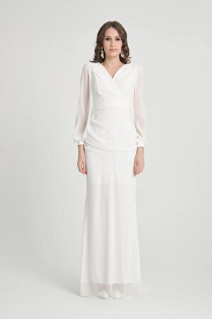 Beyaz Kruvaze Yaka Abiye Elbise