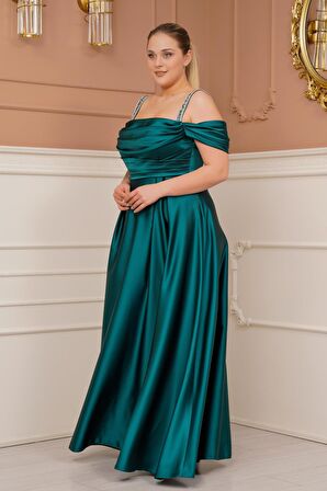 Askılı  Drapeli Yeşil Büyük Beden Abiye