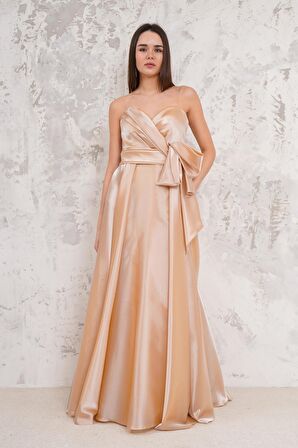 Straplez Cepli Yırtmaçlı Uzun Gold  Abiye