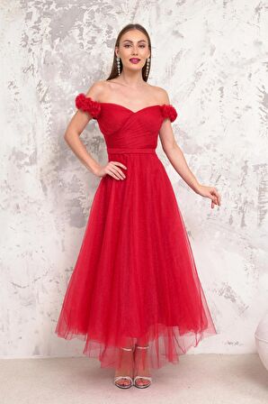 Omuzları Çiçekli Kırmızı Tül Abiye