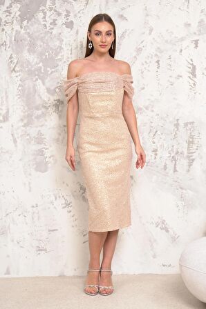 Düşük Kol Pullu Gold Abiye