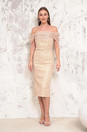 Düşük Kol Pullu Gold Abiye