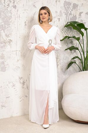 Taş Aksesuarlı Beyaz Abiye