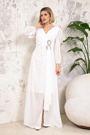 Taş Aksesuarlı Beyaz Abiye