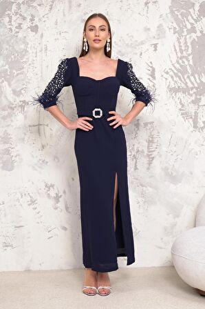 Kolları İncili Lacivert Kalem Abiye Elbise