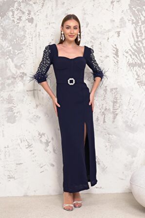 Kolları İncili Lacivert Kalem Abiye Elbise