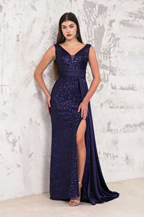 Bacak Dekolteli Pul Payet Lacivert Abiye Elbise