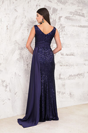 Bacak Dekolteli Pul Payet Lacivert Abiye Elbise