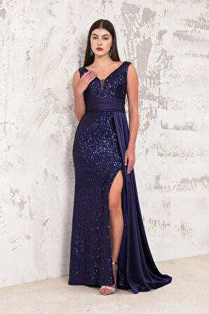 Bacak Dekolteli Pul Payet Lacivert Abiye Elbise