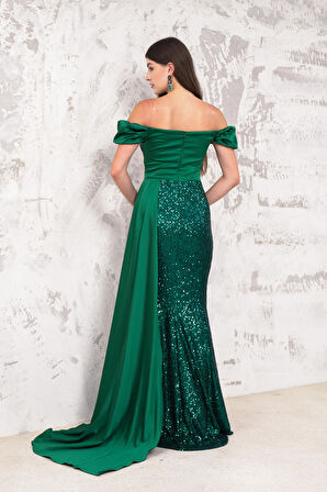 Saten Payet Detaylı Yeşil Uzun Abiye Elbise