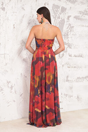 Straplez Taş Askılı Turuncu Abiye Elbise