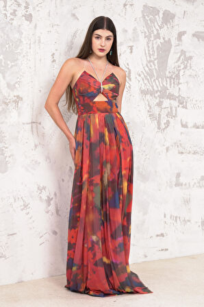 Straplez Taş Askılı Turuncu Abiye Elbise