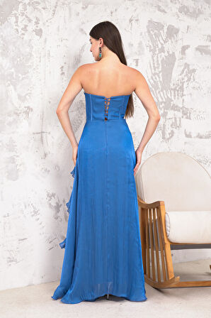 Straplez Uzun İndigo Abiye Elbise