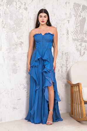 Straplez Uzun İndigo Abiye Elbise