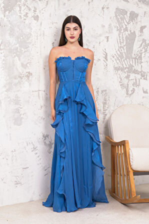 Straplez Uzun İndigo Abiye Elbise