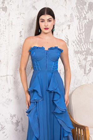 Straplez Uzun İndigo Abiye Elbise