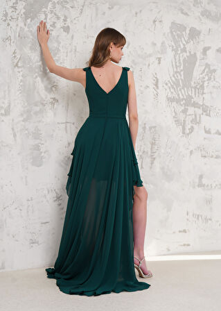 Askılı Eteği Volanlı Yeşil Uzun Şifon Abiye