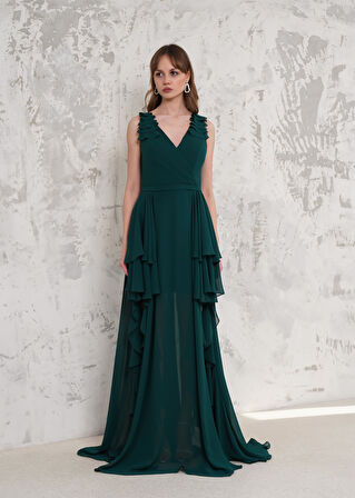 Askılı Eteği Volanlı Yeşil Uzun Şifon Abiye