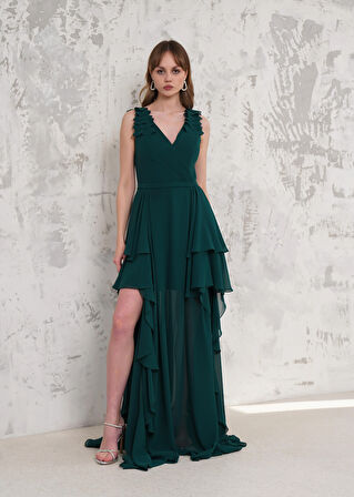 Askılı Eteği Volanlı Yeşil Uzun Şifon Abiye