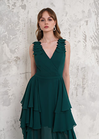 Askılı Eteği Volanlı Yeşil Uzun Şifon Abiye