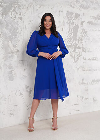 Kemerli Saks Büyük Beden Abiye Elbise