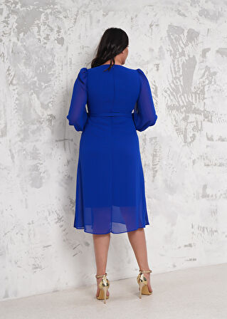 Kemerli Saks Büyük Beden Abiye Elbise