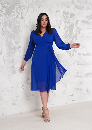 Kemerli Saks Büyük Beden Abiye Elbise