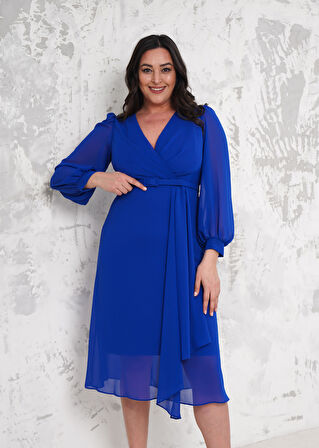 Kemerli Saks Büyük Beden Abiye Elbise