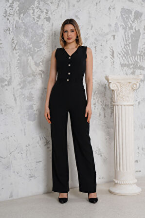 Önü Düğmeli Siyah Tulum