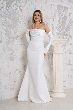 Eldivenli  Straplez Beyaz Uzun Abiye