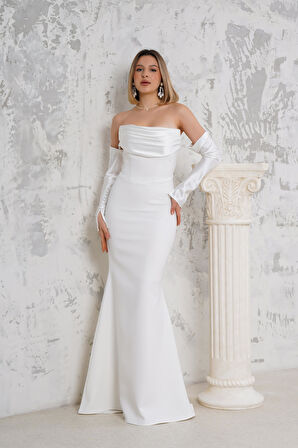 Eldivenli  Straplez Beyaz Uzun Abiye