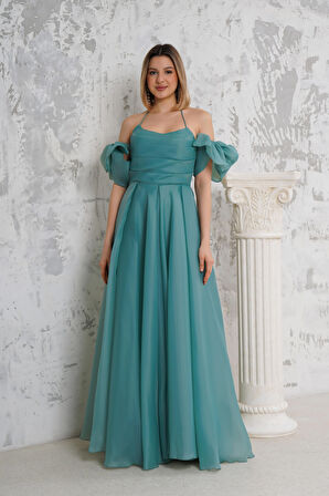 Kol Detaylı Boyundan Askılı Uzun Su Yeşili Abiye