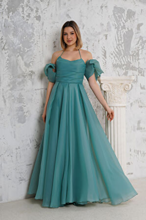 Kol Detaylı Boyundan Askılı Uzun Su Yeşili Abiye