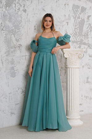 Kol Detaylı Boyundan Askılı Uzun Su Yeşili Abiye