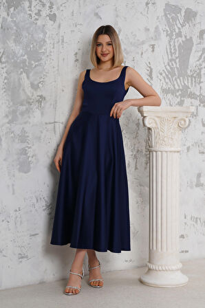 Askılı Lacivert Saten Abiye