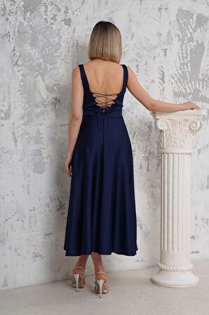 Askılı Lacivert Saten Abiye