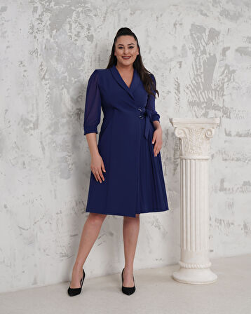 Eteği Pliseli Büyük Beden Lacivert Abiye