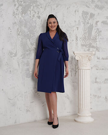 Eteği Pliseli Büyük Beden Lacivert Abiye