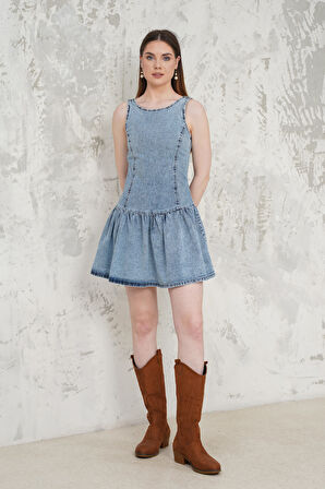 Fırfırlı Denim Kısa Elbise