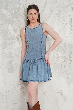 Fırfırlı Denim Kısa Elbise