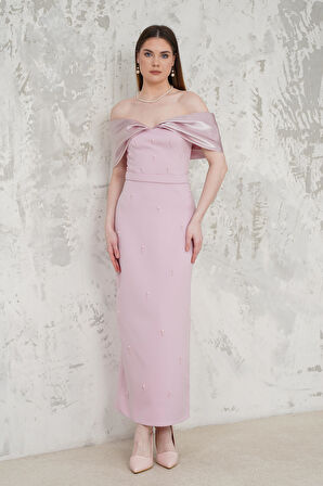 Taş İşlemeli Straplez Pudra Abiye Elbise