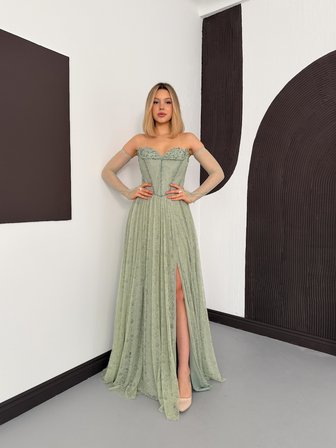 Bolerolu İşlemeli Mint Yeşili Dantelli Abiye