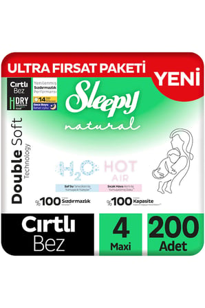 Sleepy Natural Double Soft Ultra Fırsat Paketi Bebek Bezi 4 Numara Maxi 200 Adet
