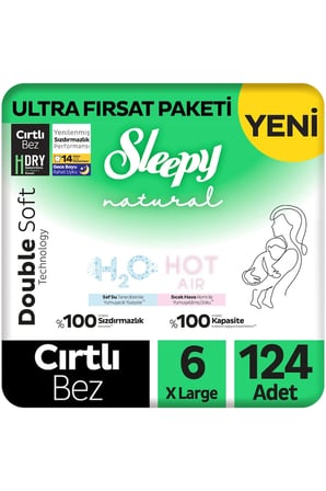 Sleepy Natural Double Soft Ultra Fırsat Paketi Bebek Bezi 6 Numara Xlarge 124 Adet