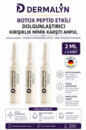 DERMALYN 3 Adet Botox Peptid Etkili Dolgunlaştırıcı Kırışıklık Mimik Karşıtı Ampul Serum Dermaroller Dermapen